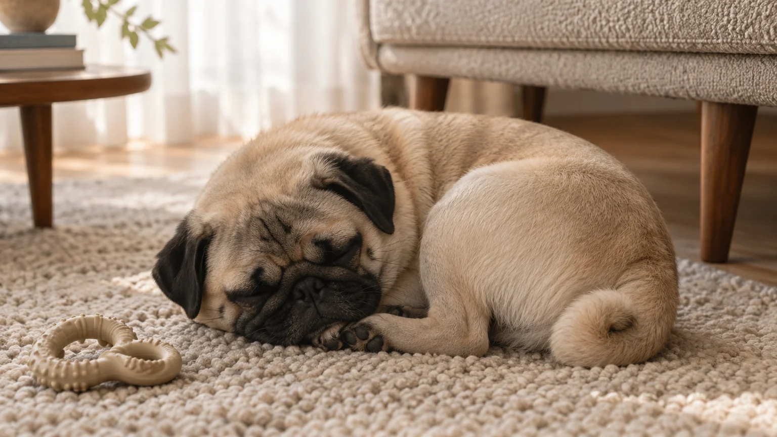 A pug sleeping curled up on a textured rug next to a chew toy and sofa.