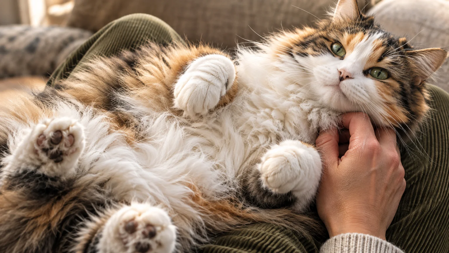 A fluffy longhaired cat lies on its back across a person's lap while being petted under the chin.