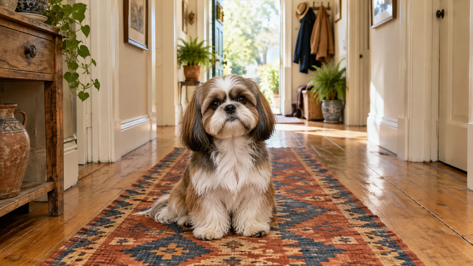A fluffy brown and white Shih Tzu sits centered on an ornate runner rug in a sunny home hallway.