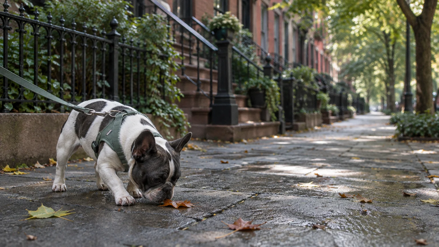 Black and white French bulldog on a leash sniffing a fallen leaf on a wet city sidewalk lined with brownstones.