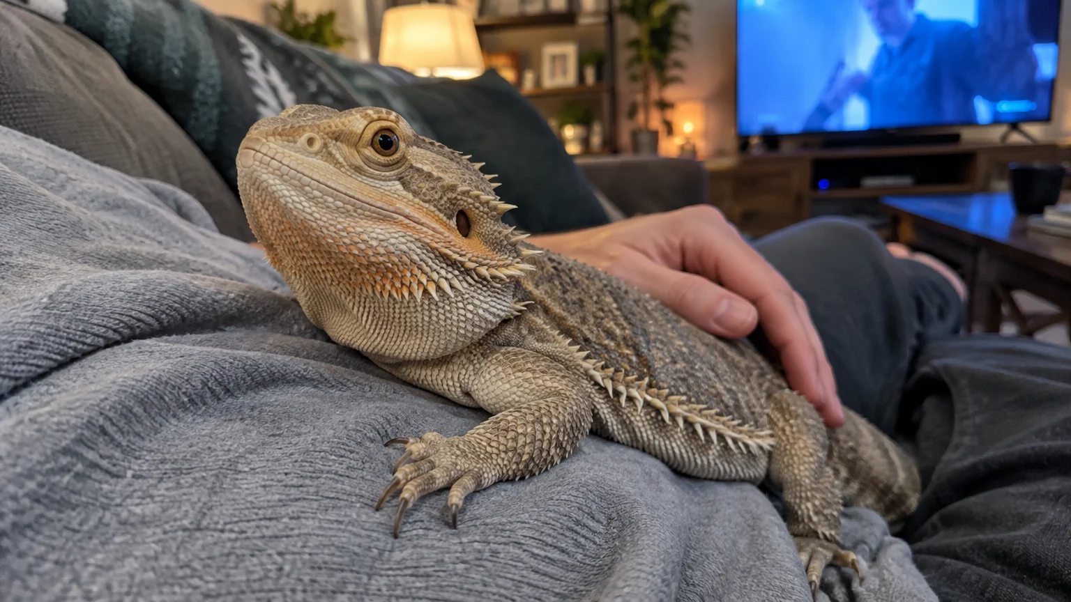 A bearded dragon resting calmly on a person's chest while relaxing on a couch in a living room with a TV on.