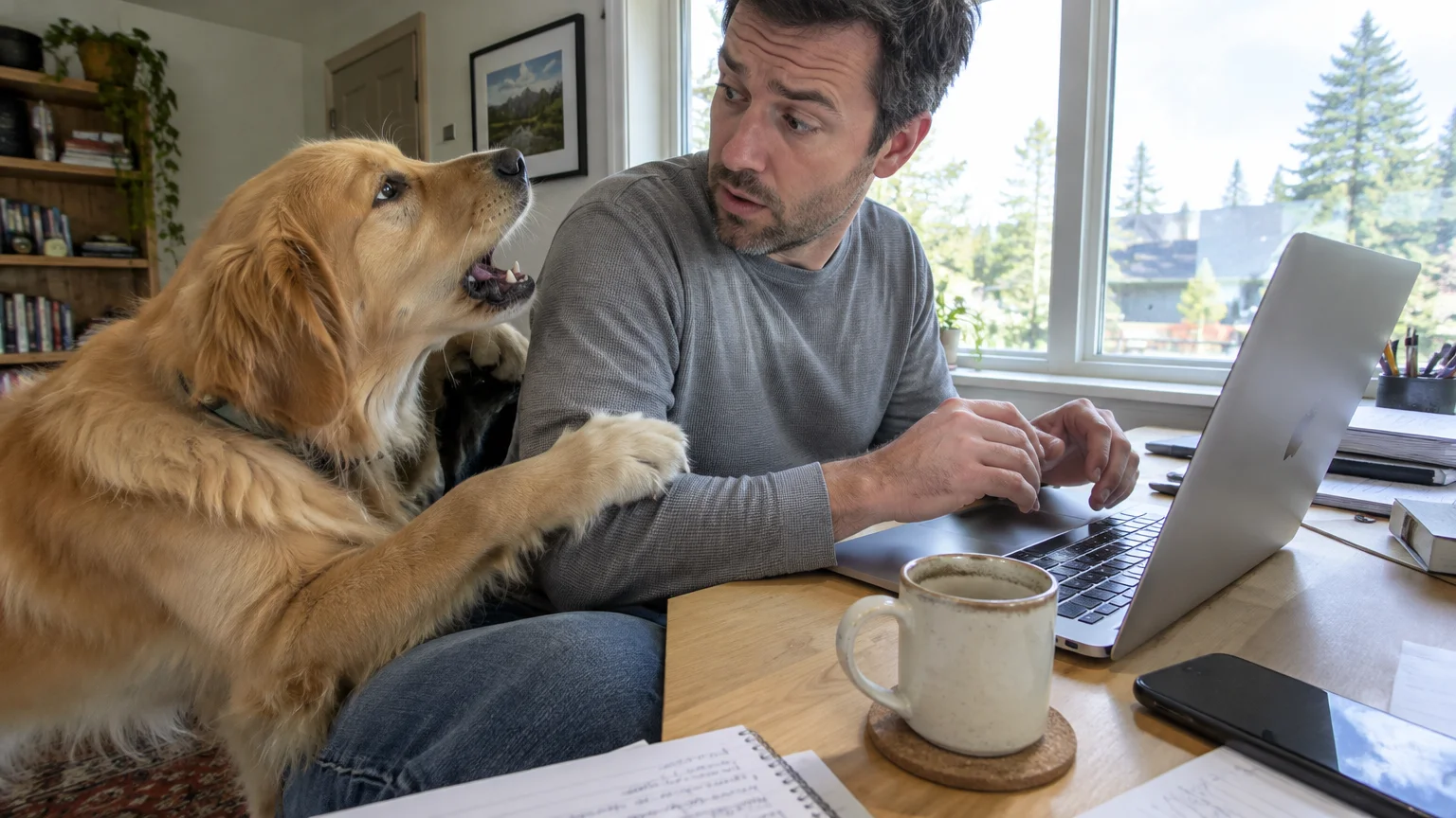 A golden dog paws at a man working on his laptop while barking directly toward his face at a desk.