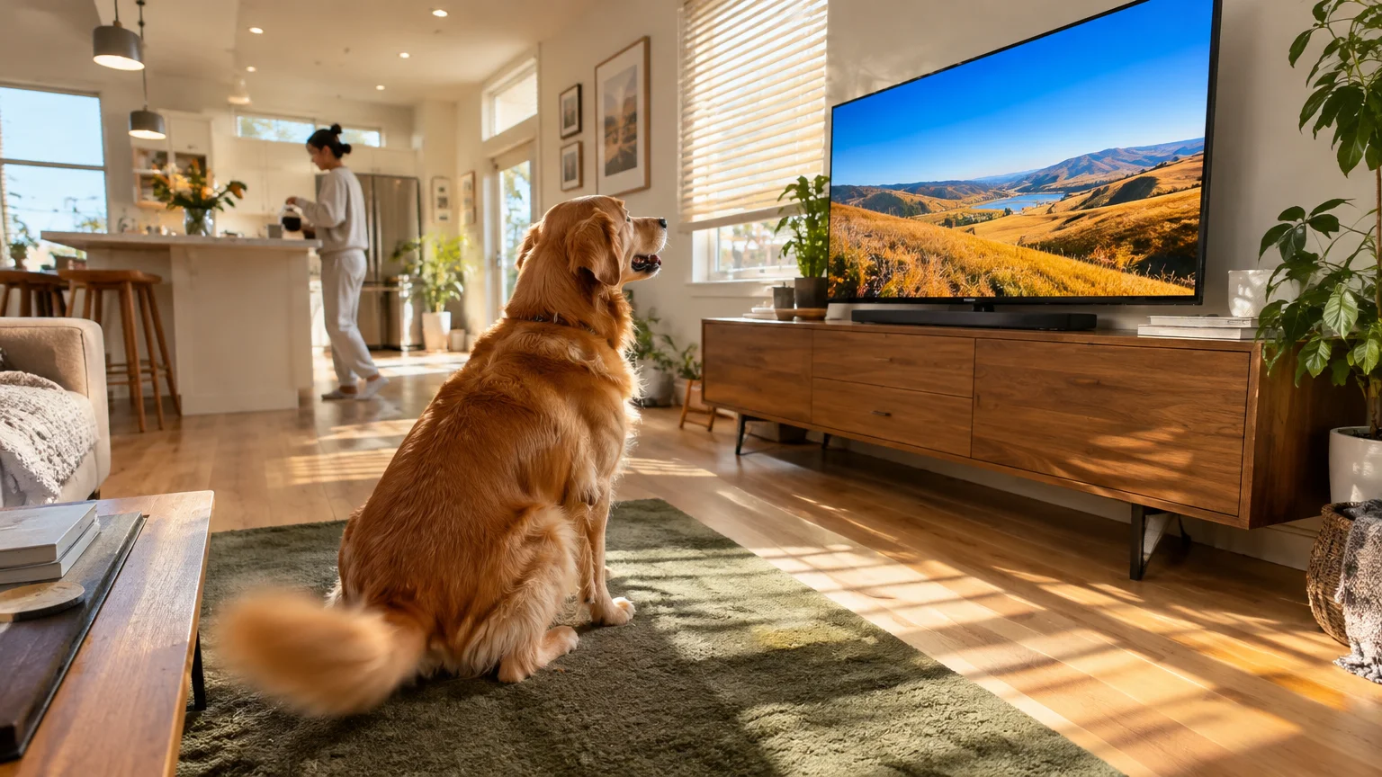A golden retriever sits on a green rug watching a landscape documentary on a large television in a living room.