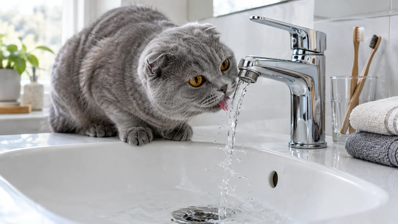 A gray Scottish Fold cat drinks water running directly from a chrome bathroom sink faucet.