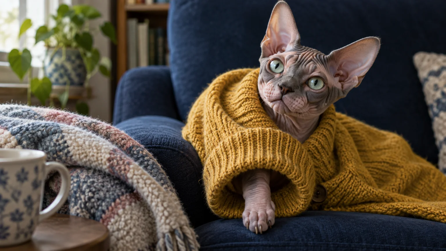 A hairless Sphynx cat peers out from inside the sleeve of a chunky mustard-yellow knit cardigan on a blue armchair.