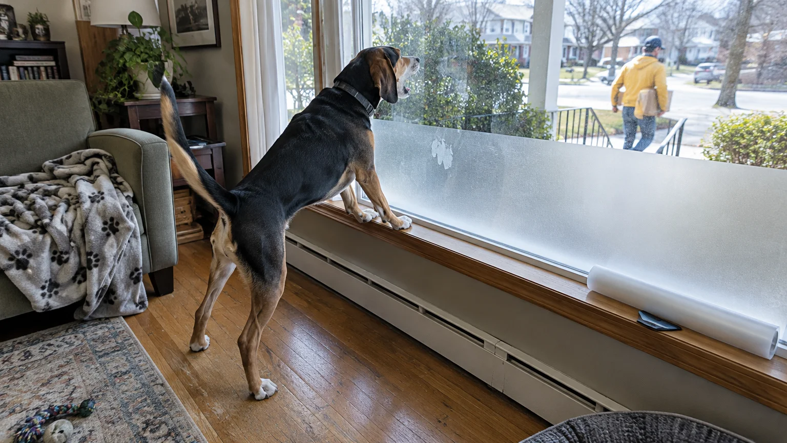 A dog stands on its hind legs barking out a window with privacy film as a delivery person walks outside.
