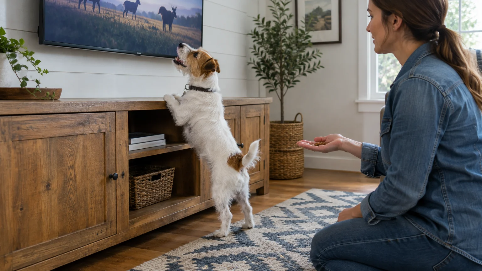 A small terrier stands on its hind legs resting paws on a TV stand, looking up at a wall-mounted television screen.
