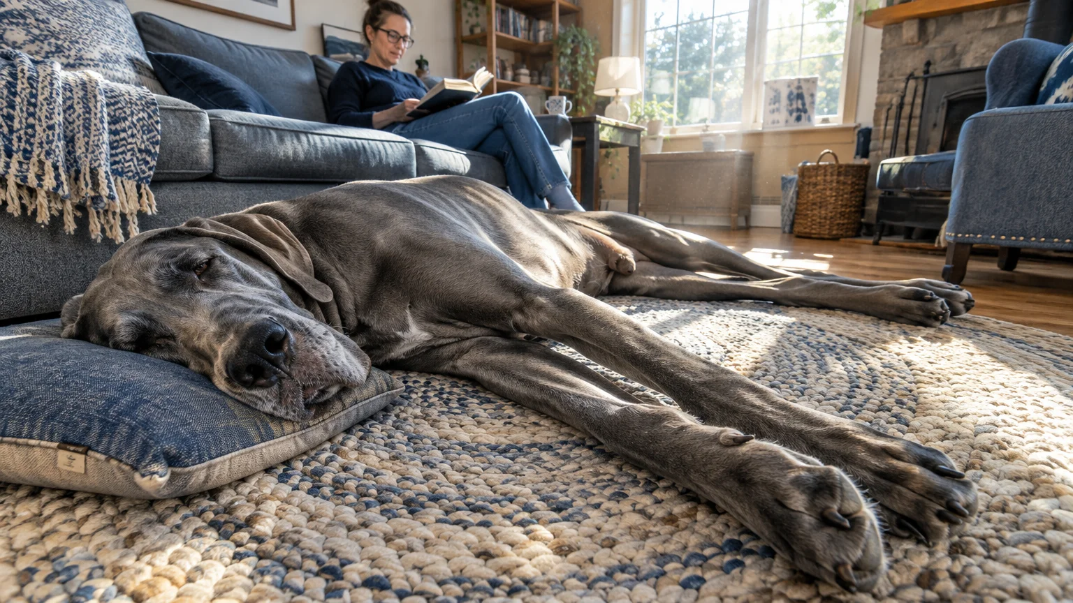 A large grey Great Dane sleeps stretched out on a woven rug while a woman reads a book on the couch behind it.