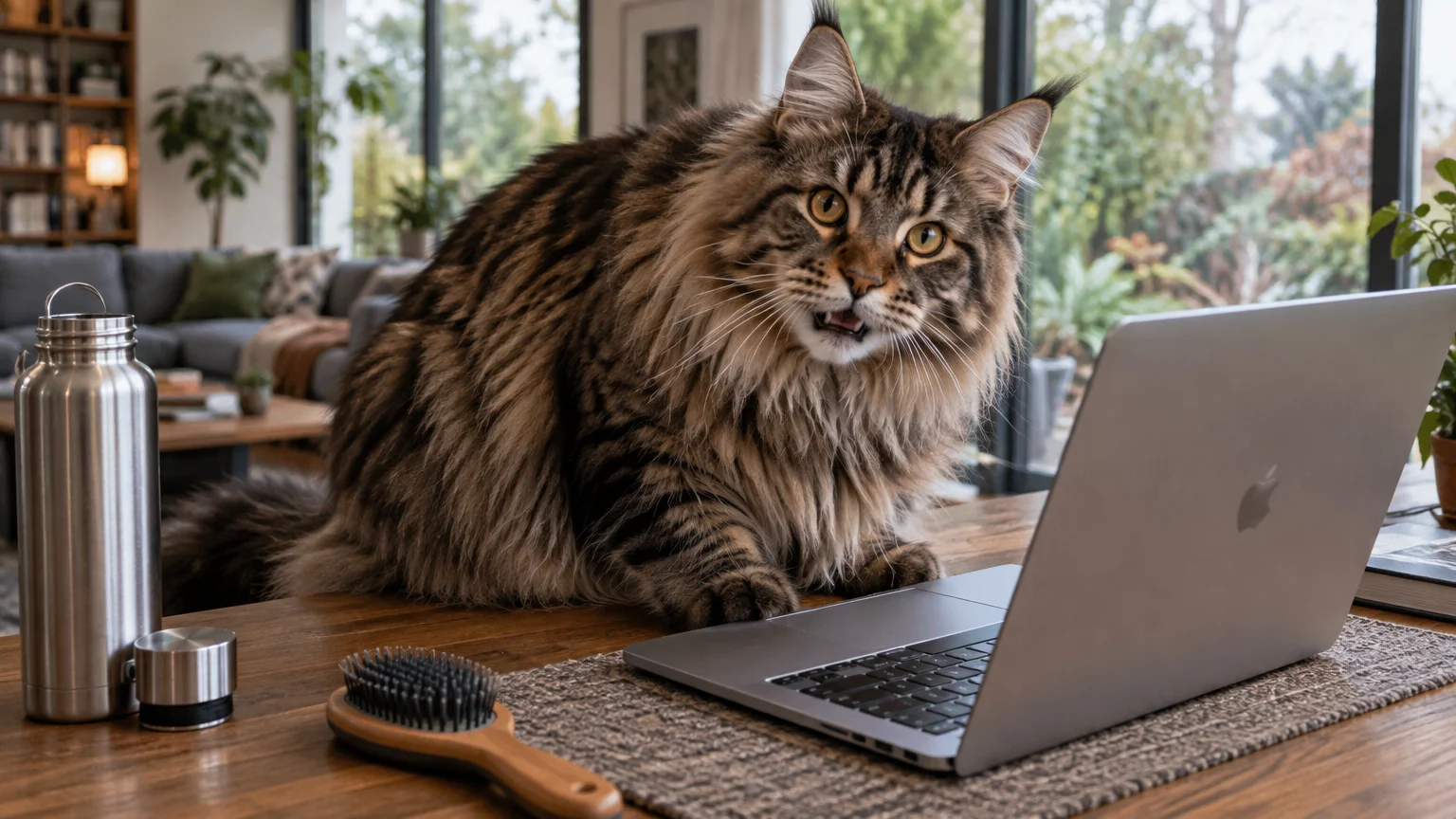 A large brown tabby Maine Coon cat crouches on a wooden desk beside an open laptop computer and a grooming brush.