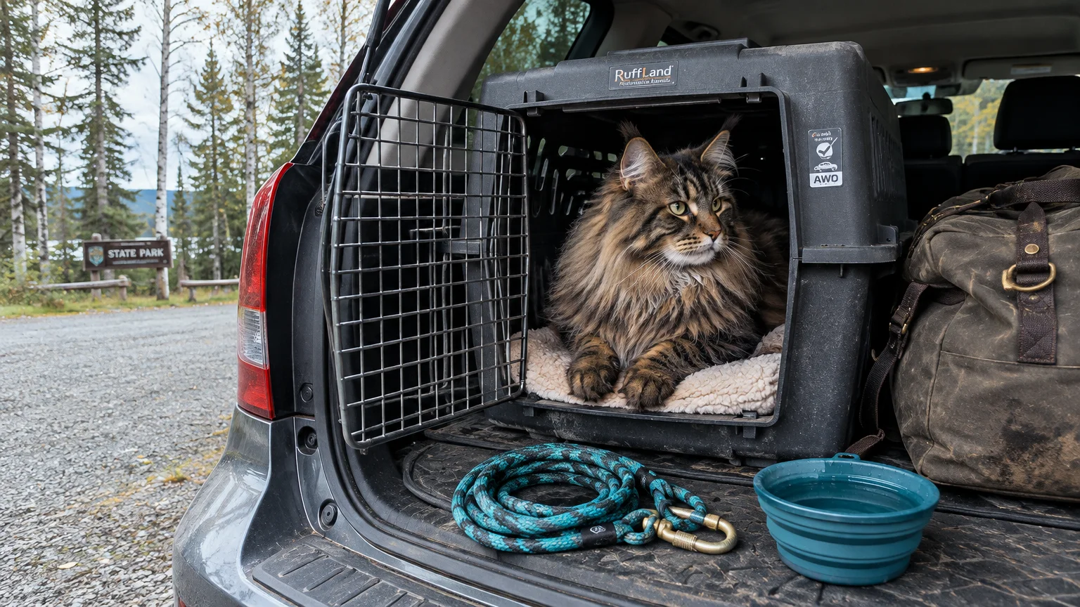 A fluffy Maine Coon cat sits inside an open pet crate in a car trunk beside a leash, water bowl, and duffel bag.