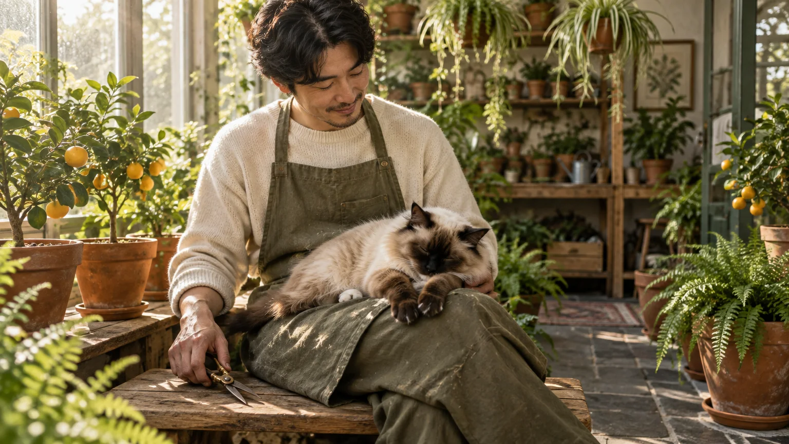 A smiling man in an apron sits in a sunlit greenhouse holding shears as a fluffy cat sleeps on his lap.