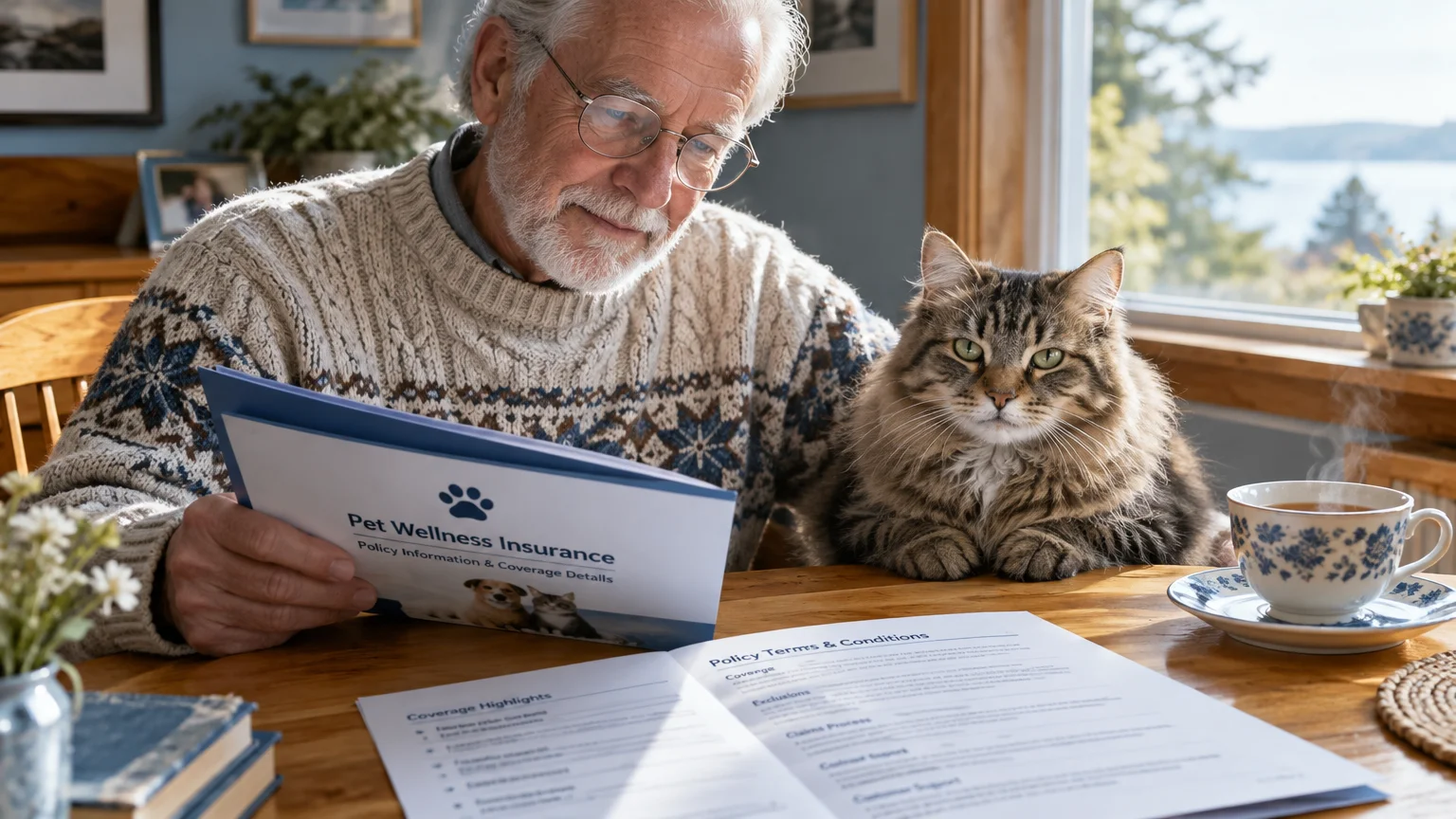 Older man in a knit sweater reading pet insurance documents at a wooden table beside a fluffy tabby cat.