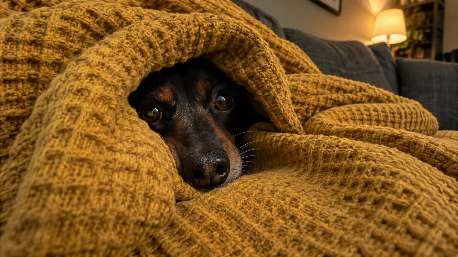Small black and brown dog peeking out from beneath a thick, textured mustard yellow blanket on a couch.