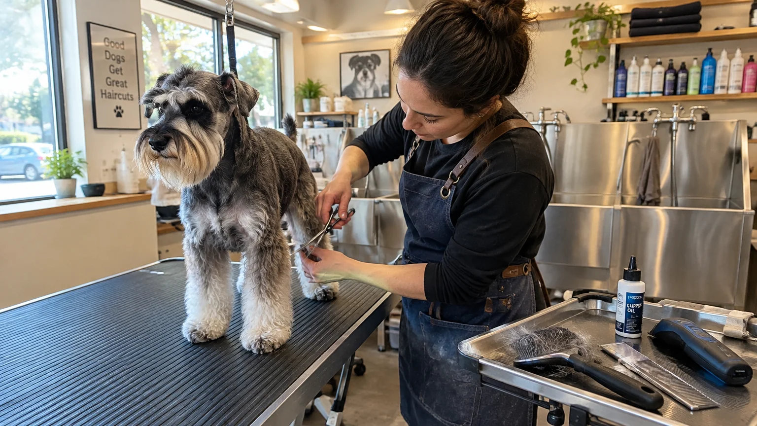 A groomer trims the leg fur of a schnauzer standing on a grooming table next to clippers and brushes.