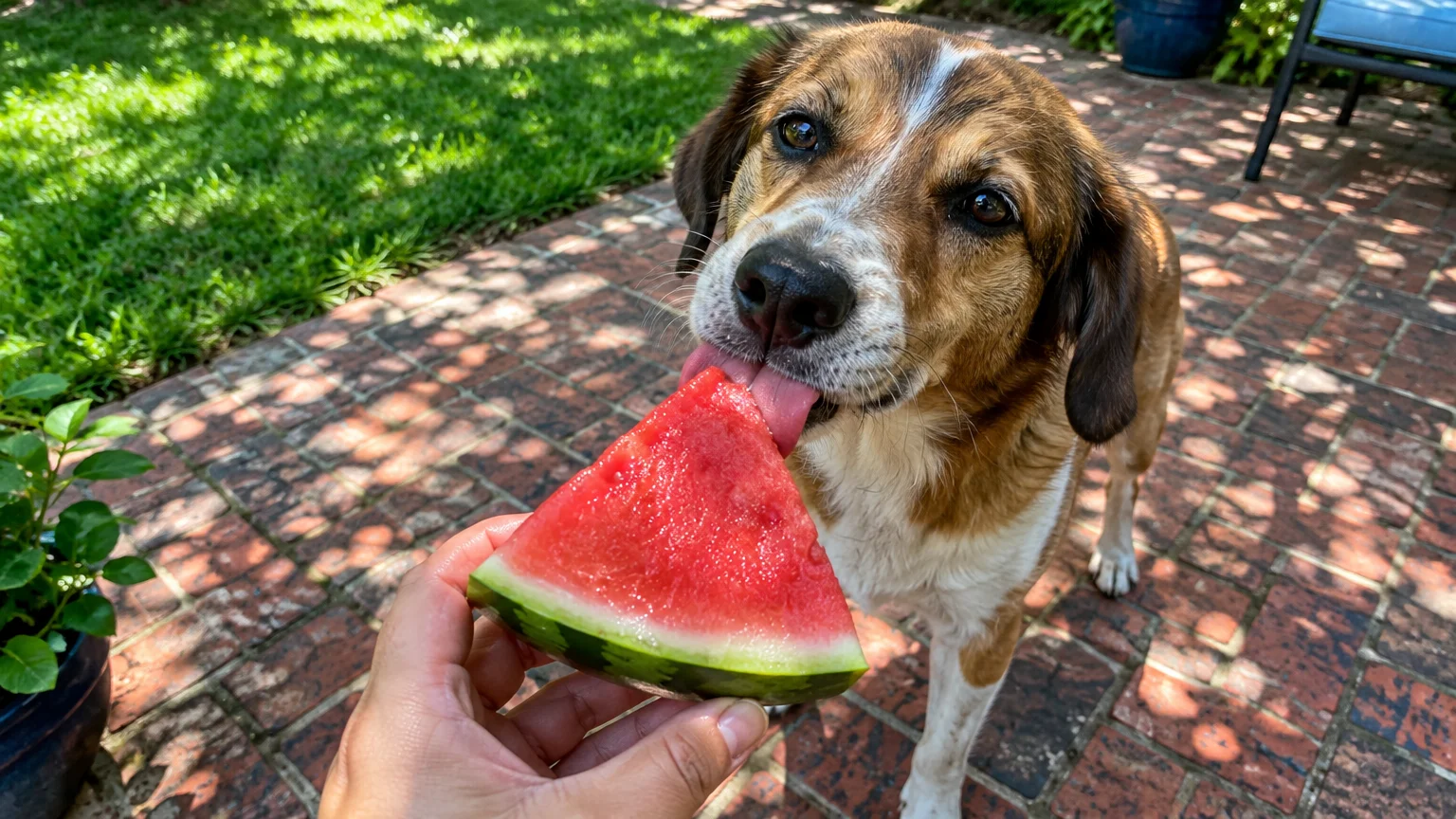 A brown and white dog licks a fresh slice of watermelon held out on a brick patio outdoors.