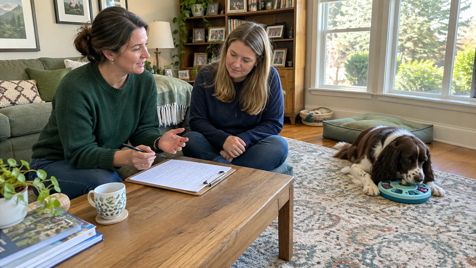 Two women sitting on the floor looking at notes on a clipboard while a spaniel plays with a puzzle toy nearby.