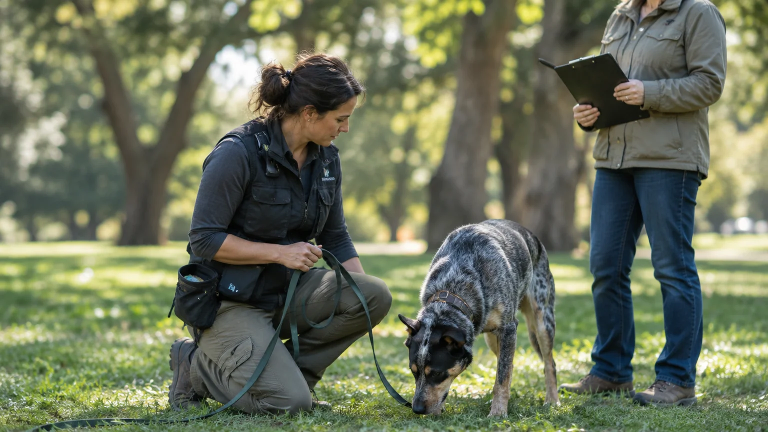 A kneeling dog trainer holds a leashed blue heeler sniffing the grass while a woman with a clipboard observes in a park.