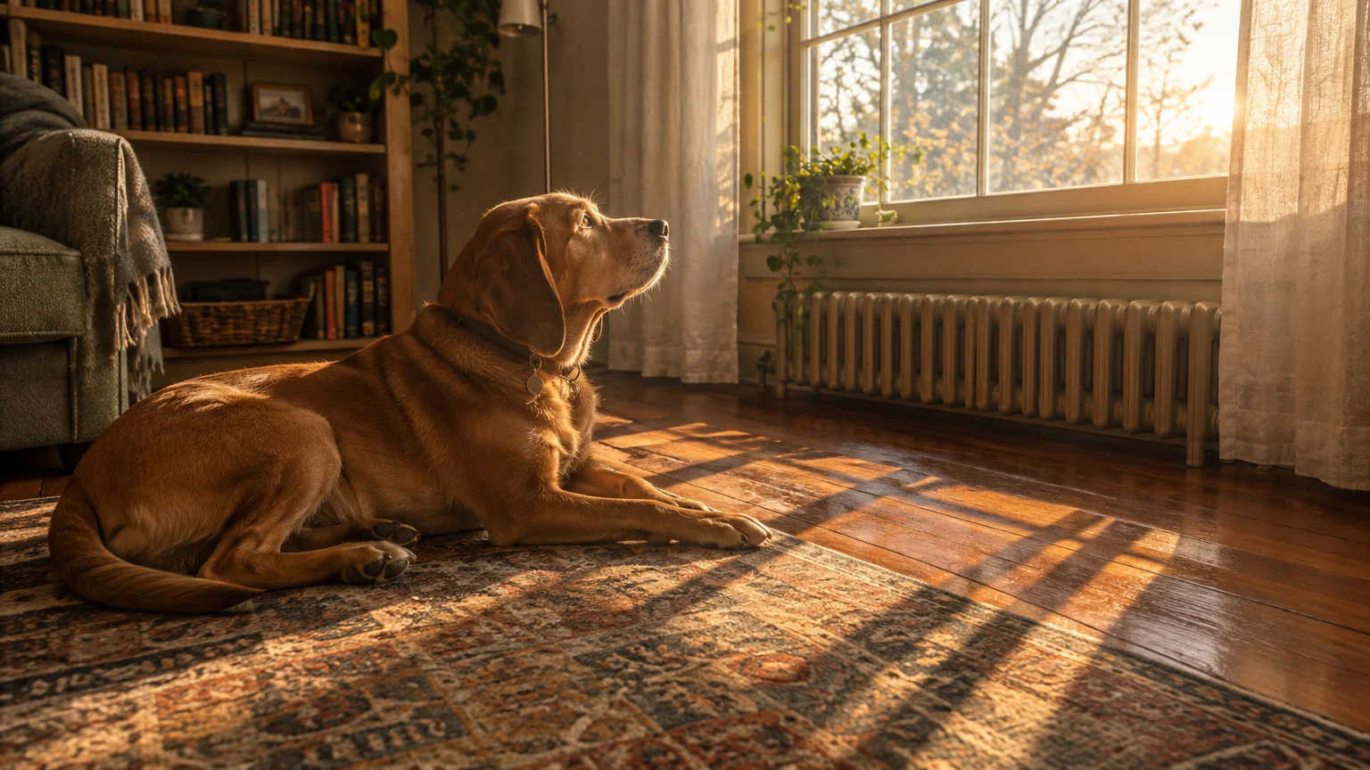 A golden dog lies on a patterned rug in a warm, sunlit living room looking up toward a large window.