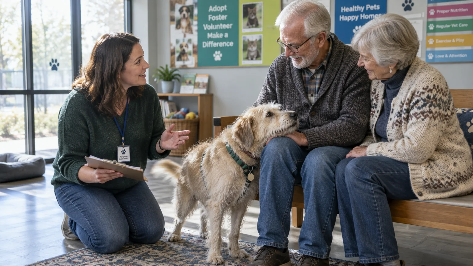 A shelter worker kneels beside a scruffy dog resting its head on an older couple's knee in an adoption center.