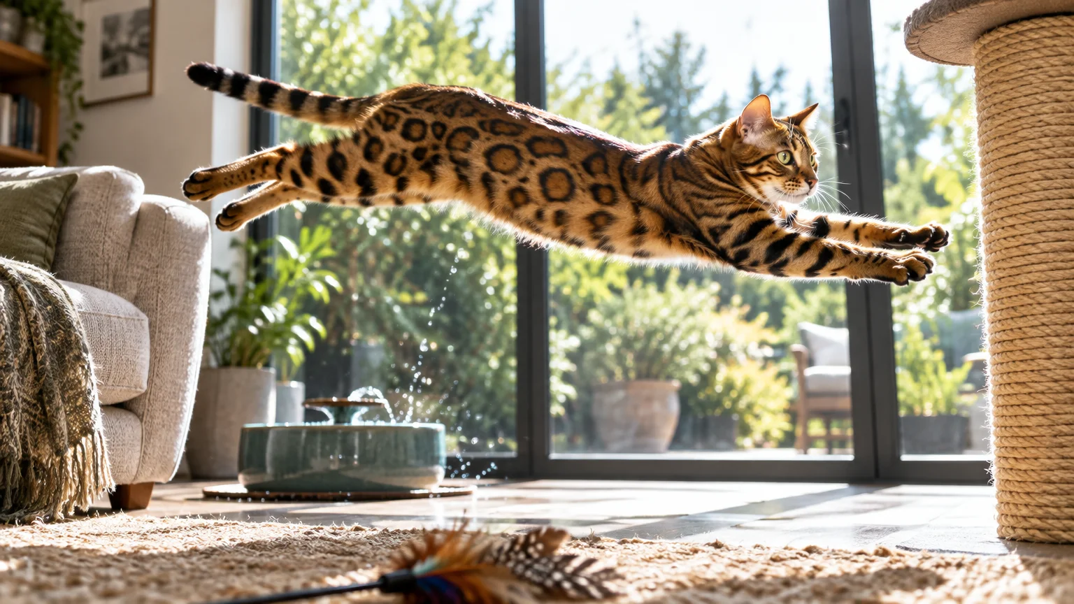 A spotted Bengal cat leaps midair between a couch and scratching post over a pet water fountain in a sunlit room.