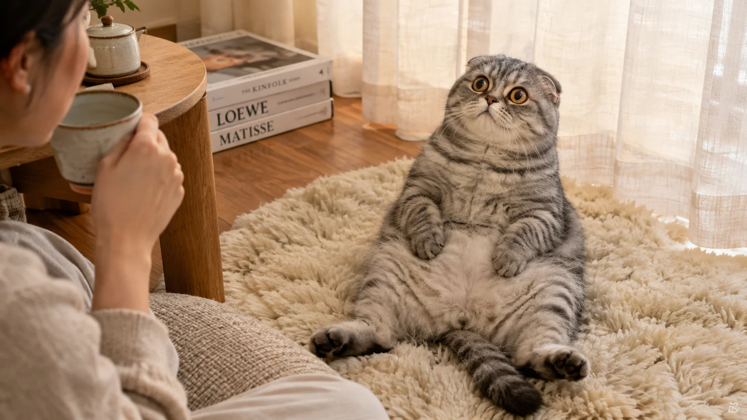 A Scottish Fold cat sits upright on its hind legs on a shag rug, looking up at a person drinking from a mug.