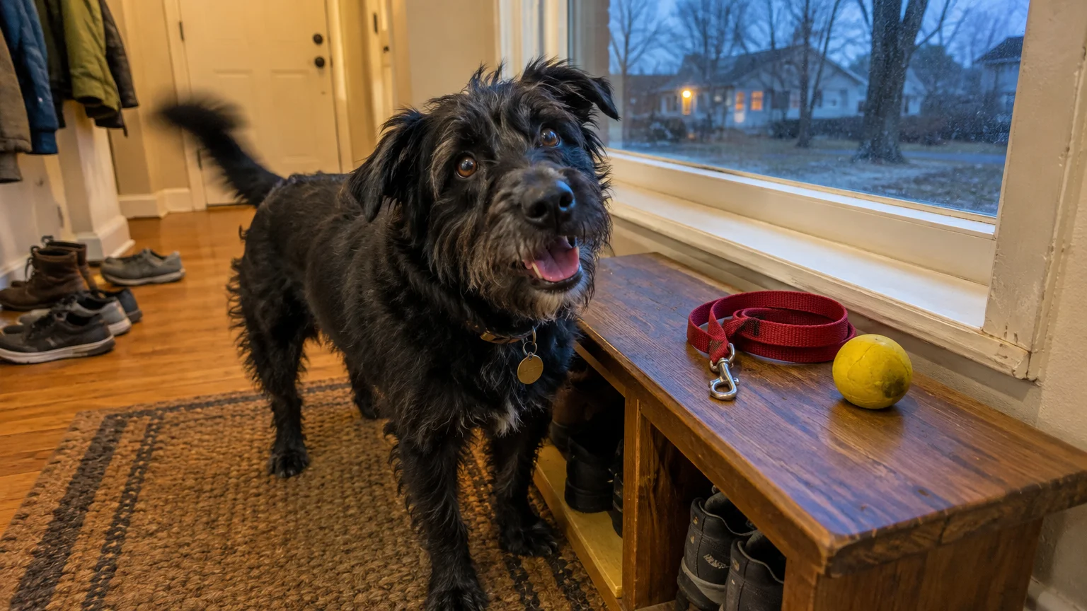 A scruffy black dog wagging its tail inside by a window bench holding a red leash and yellow ball.