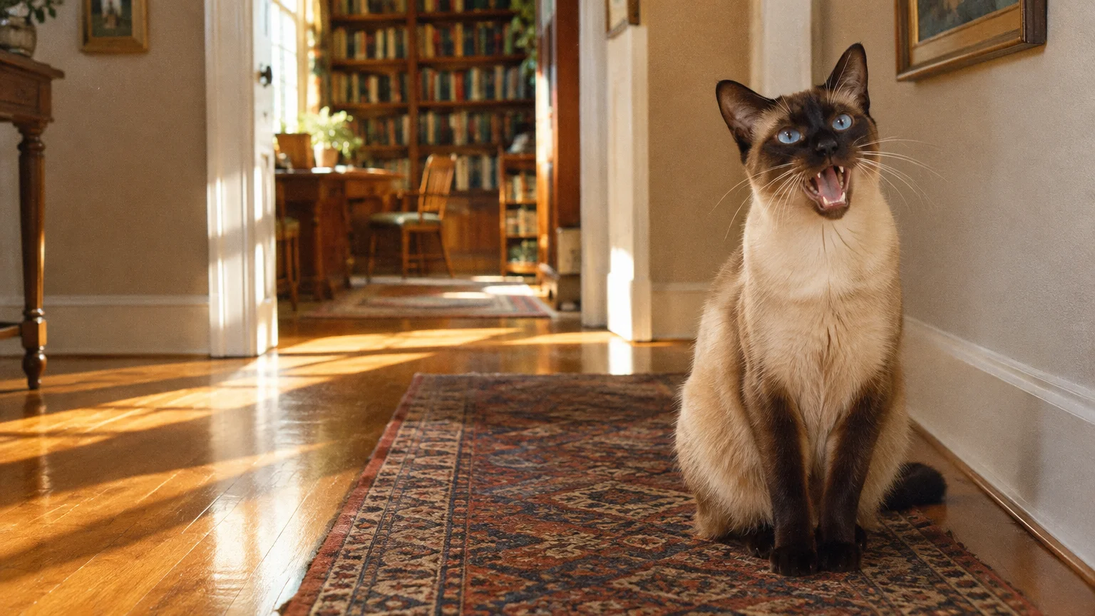 A Siamese cat sits on an oriental runner rug in a sunny hallway with its mouth wide open mid-meow.