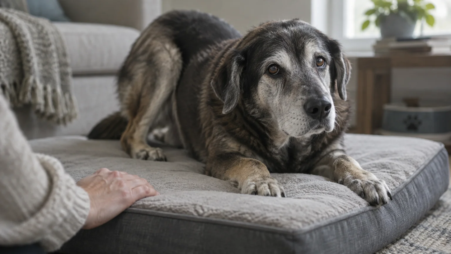 A senior dog rests awkwardly on a gray dog bed with hind legs raised, beside an owner's comforting hand.