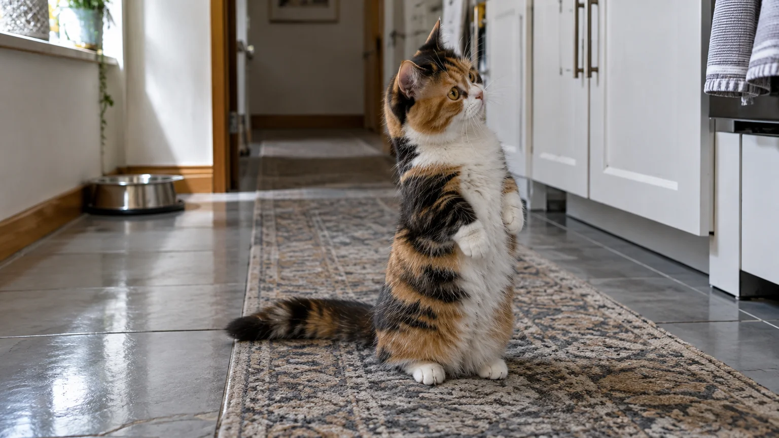 Calico Munchkin cat standing upright on its hind legs on a hallway runner rug next to kitchen cabinets.
