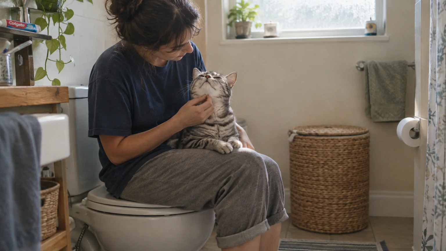 Woman sitting on a closed toilet seat petting a tabby cat resting in her lap in a bathroom.