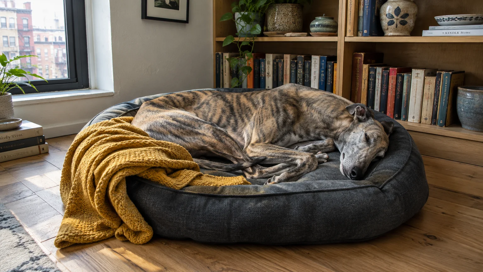 A brindle Greyhound sleeping curled up on a round dog bed beside a yellow blanket and a bookshelf.