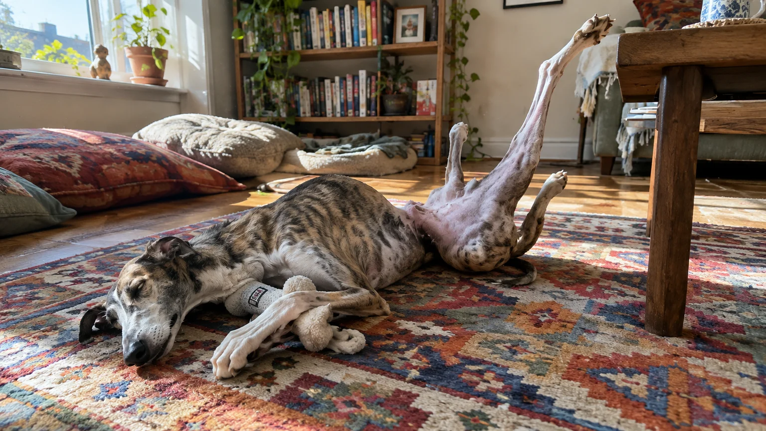 A brindle whippet sleeps contorted on an ornate rug, resting on its side with hind legs kicked straight up into the air.
