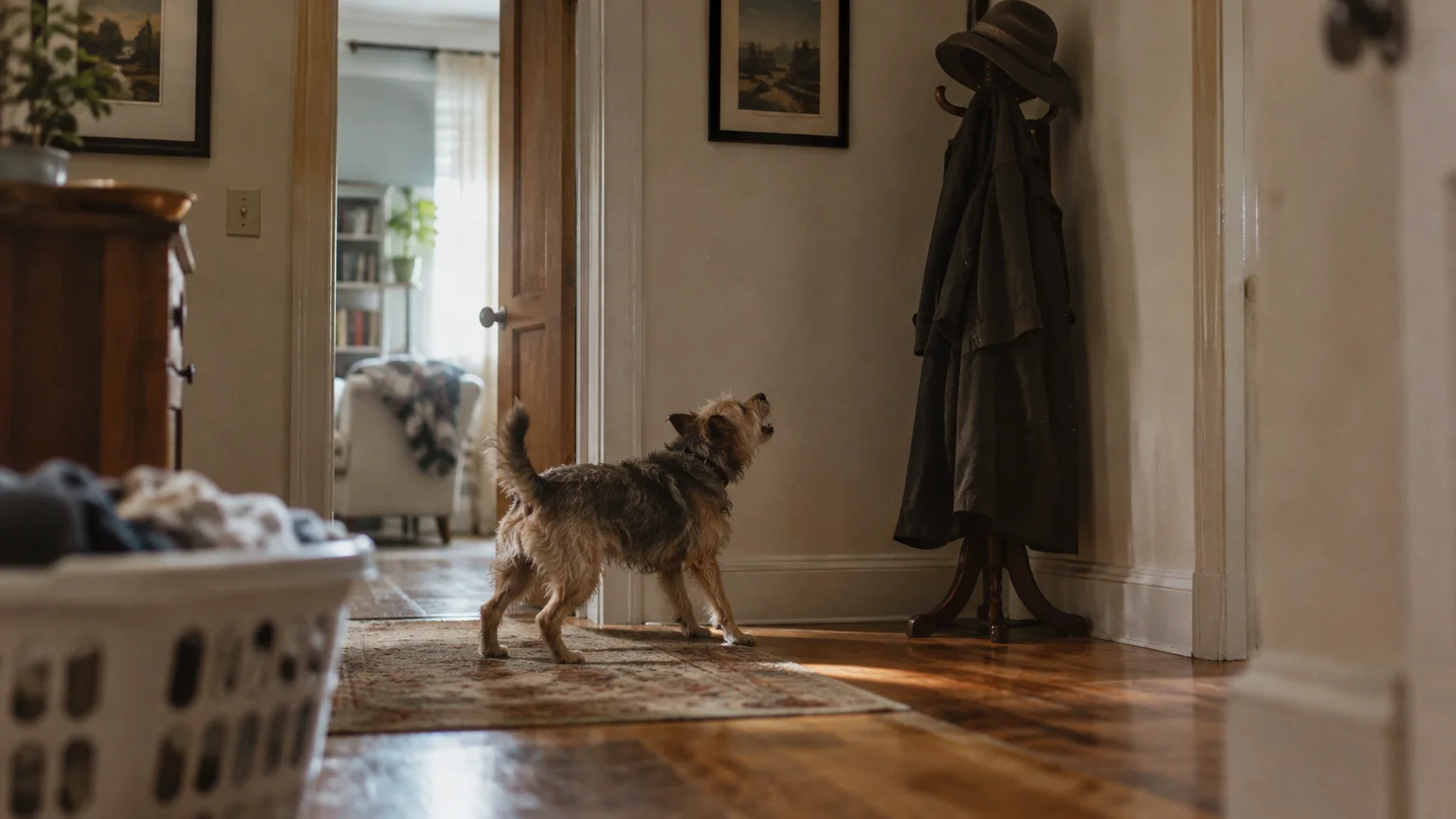 A small terrier dog barks at a coat and hat hanging on a coat rack in a home hallway.