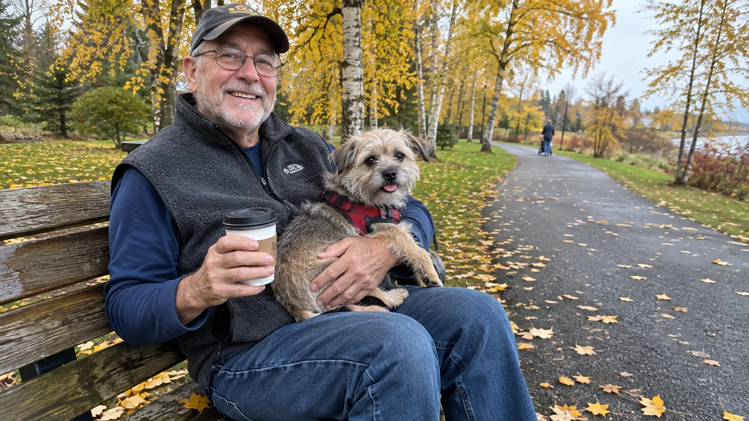 Smiling senior man sitting on a park bench holding a cup of coffee and cradling a small terrier dog on his lap.