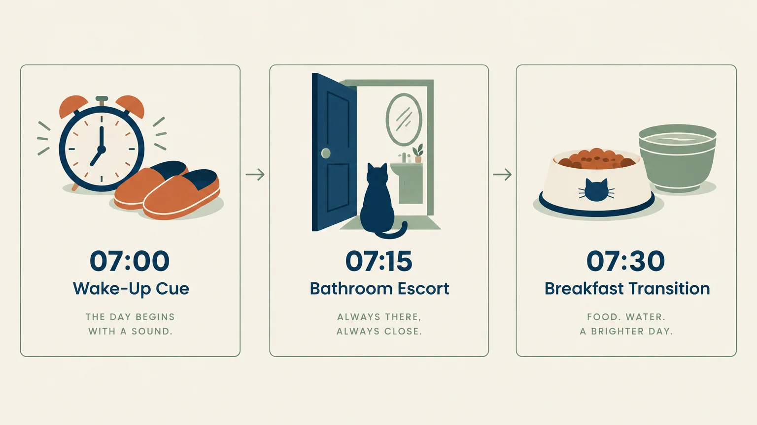 Three-panel timeline showing an alarm clock, a cat at an open bathroom door, and pet food and water bowls.
