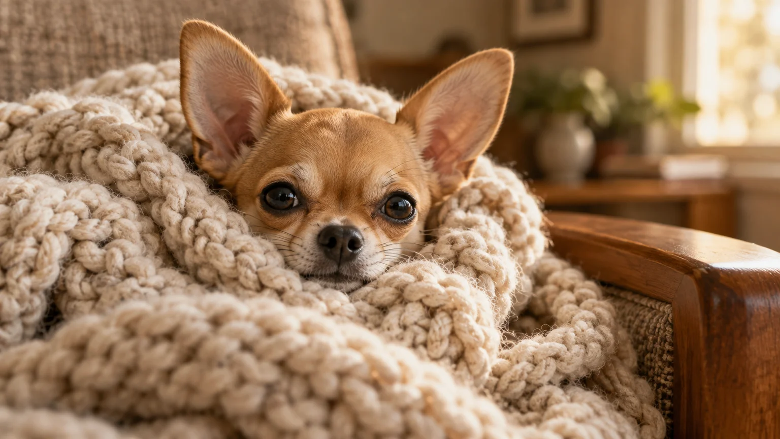 A fawn Chihuahua peeking out from under a chunky cream knit blanket on an armchair.
