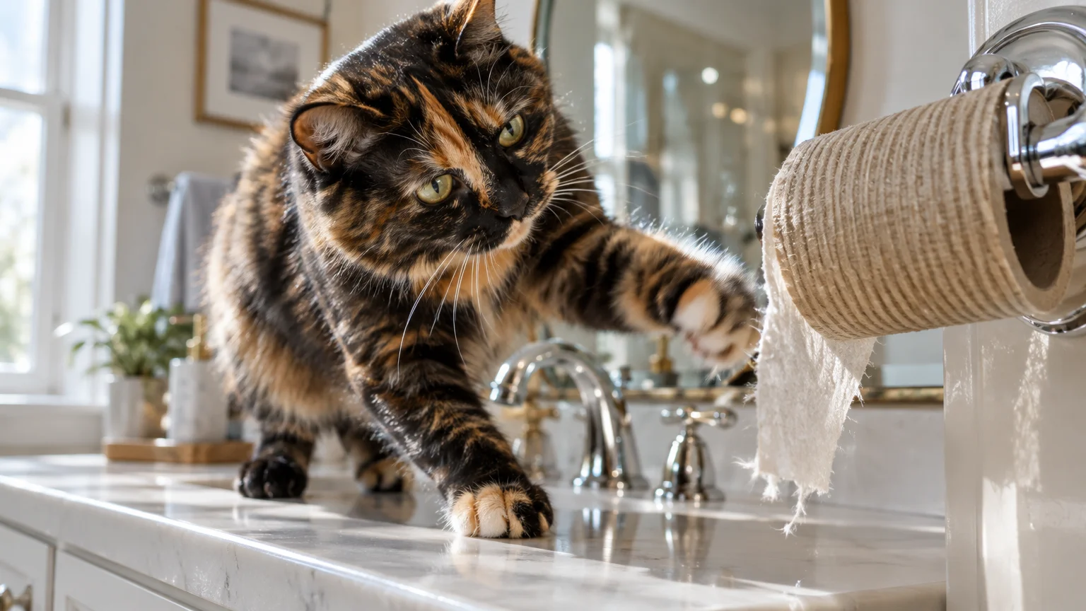 A tortoiseshell cat stands on a marble bathroom counter and reaches a paw out toward a textured paper roll.