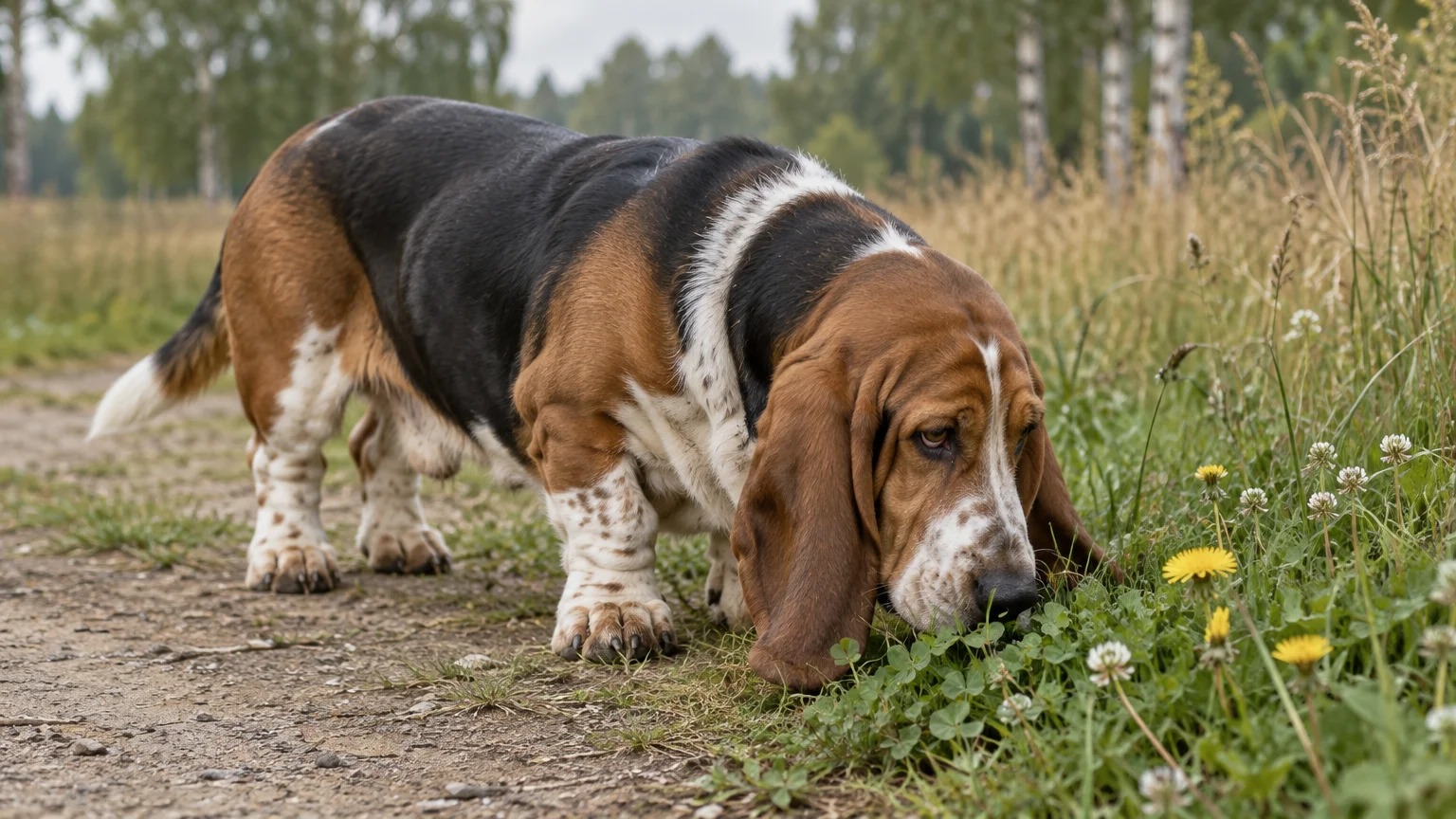 A tricolor Basset Hound sniffs clover and dandelion flowers along a dirt path outdoors.