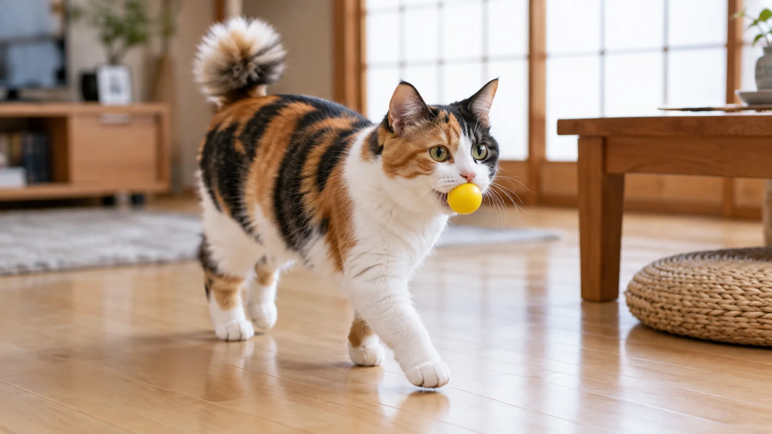 A calico Japanese Bobtail cat walks across a wooden floor carrying a small yellow ball in its mouth.