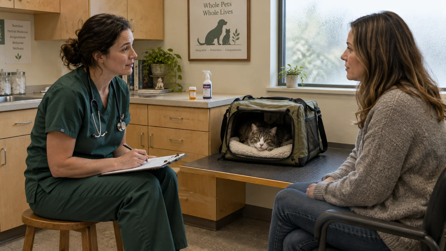 Veterinarian in green scrubs talking with a pet owner as a tabby cat rests inside an open carrier on an exam table.