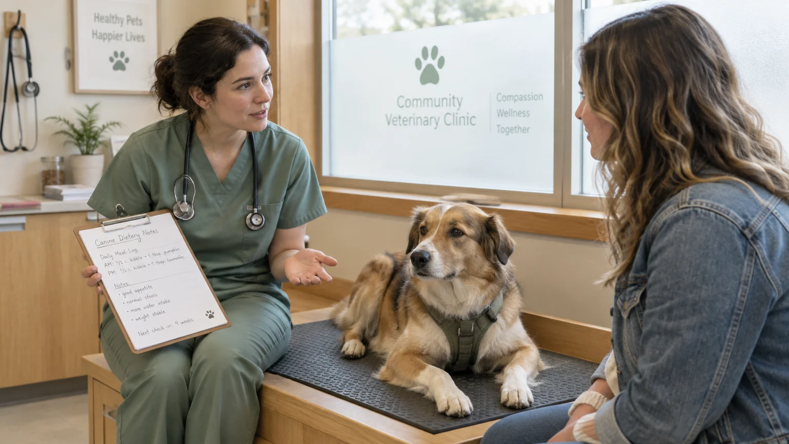 A veterinarian in scrubs holds a dietary notes clipboard while discussing care with a dog owner beside a resting dog.