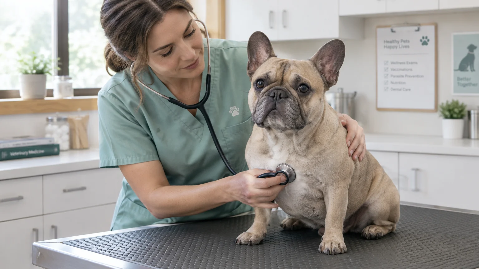 A veterinarian in green scrubs examines a French bulldog on an exam table using a stethoscope.