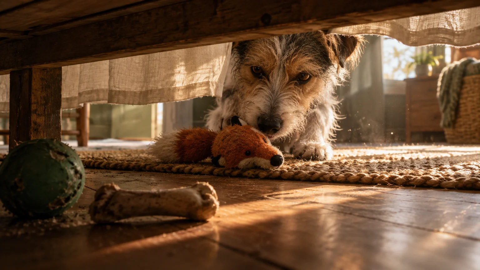 A terrier dog nudges a plush fox toy beneath low wooden furniture near a bone and green ball on the floor.