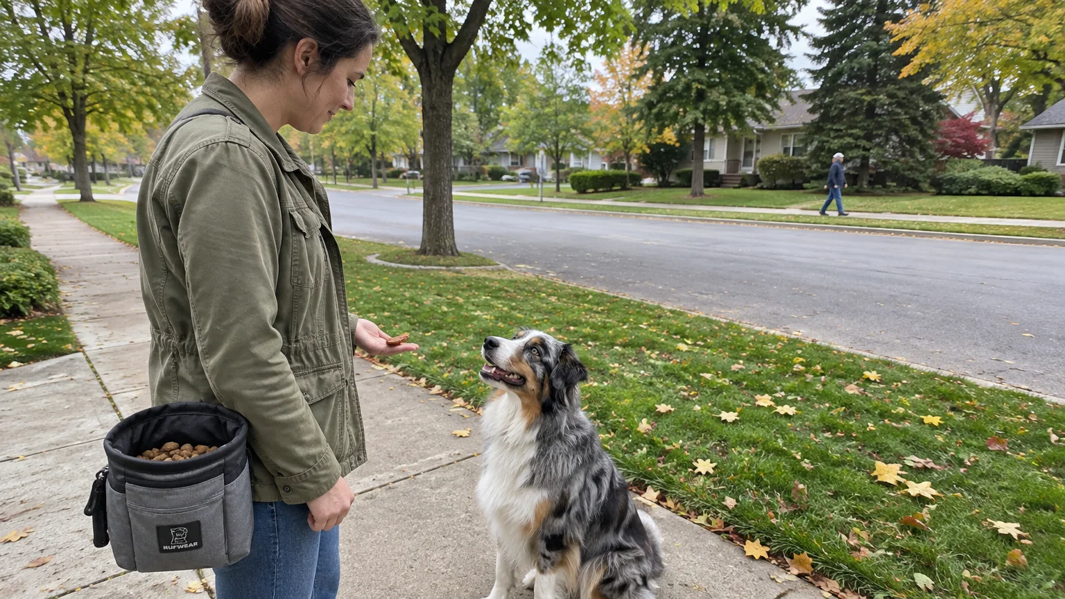A woman on a suburban sidewalk offers a treat to a sitting Australian Shepherd while a pedestrian walks across the street.