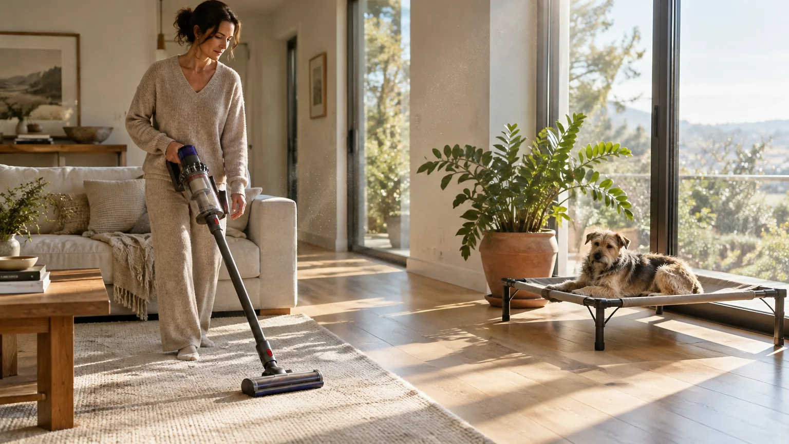 Woman vacuuming a rug in a bright living room while a small dog rests on an elevated cot by the window.