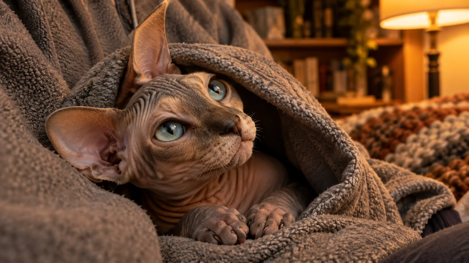 A hairless Sphynx cat with large ears and blue-green eyes peers out from beneath a cozy gray fleece blanket.