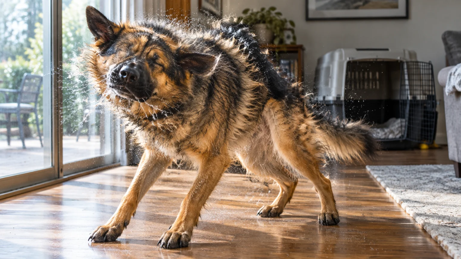 A wet German Shepherd shakes water droplets vigorously from its coat while standing on a hardwood living room floor.