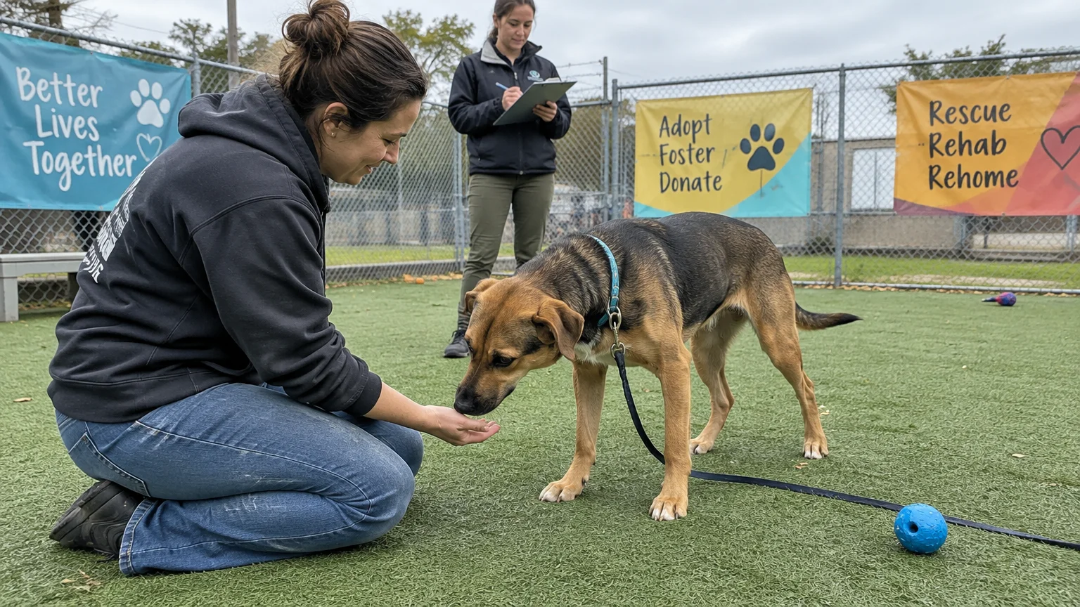 A woman kneels on artificial turf offering her hand to a dog while another woman holds a clipboard nearby.