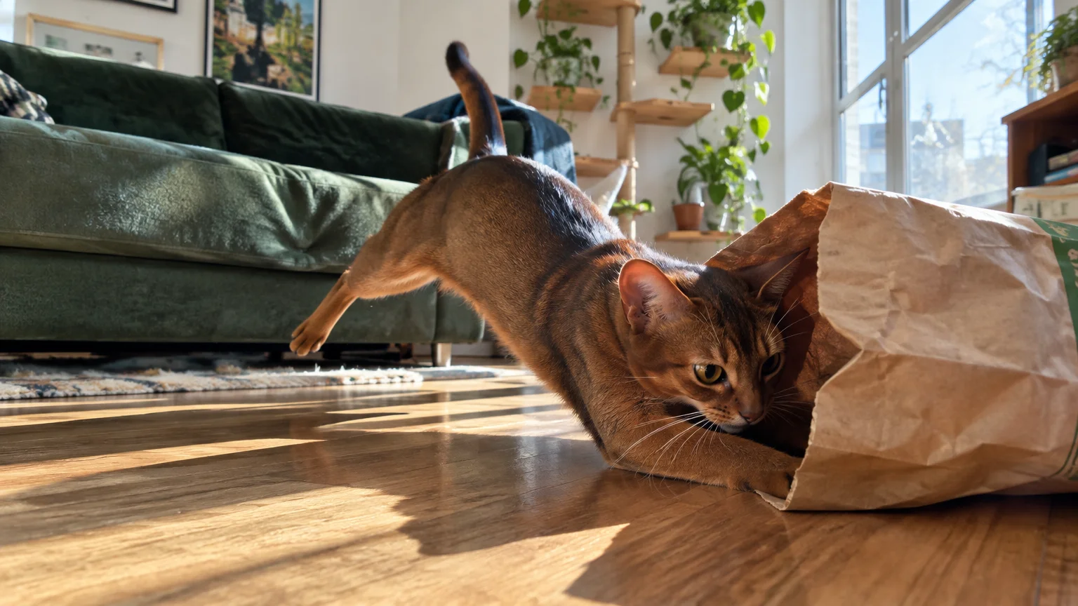 An Abyssinian cat leaps across a hardwood floor, diving headfirst into an open brown paper grocery bag.