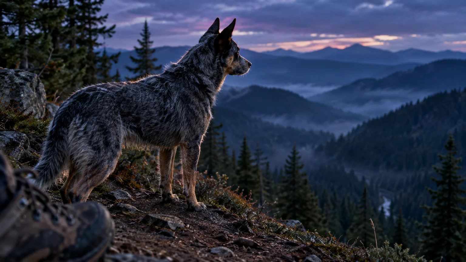 Australian Cattle Dog stands alert on a rocky mountain ridge overlooking misty pine valleys at dawn.